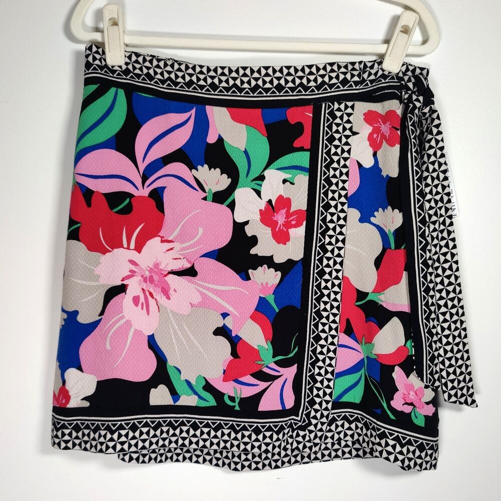 Nine West Floral Faux Wrap Mini Skirt Lined Colorful Resort L Tropical